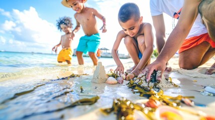 Family building sandcastles on the shore, their creations adorned with seashells and seaweed