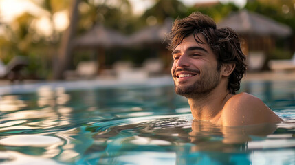 A handsome young man in a swimming pool, looking away and smiling. He is at a luxury holiday resort.