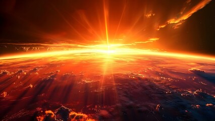 Golden rays of sun shining on Earth, captured in stunning sunrise image from space. Concept Space photography, Sunrise imagery, Golden rays, Earth from above, Stunning visuals