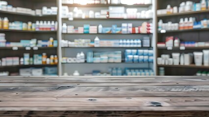 Pharmacy counter with shelves of drugs in the background out of focus. Concept Pharmacy, Counter, Shelves, Drugs, Background, Out of Focus