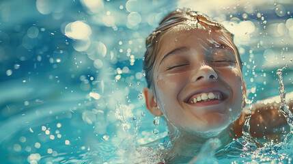 A joyful girl splashes in a pool, making the most of her summer holiday.