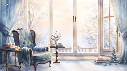 Illustrate a watercolor background of a quiet reading nook with a view of a snowy landscape outside the window