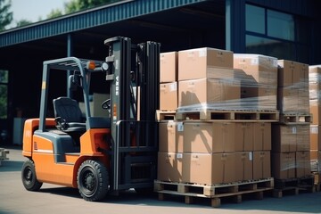 Naklejka premium Forklift in retail warehouse logistics distribution center with shelves of cardboard boxed products
