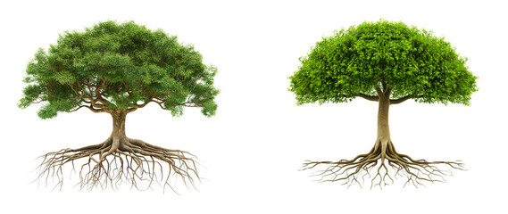 3D trees with roots isolated on transparent or white background