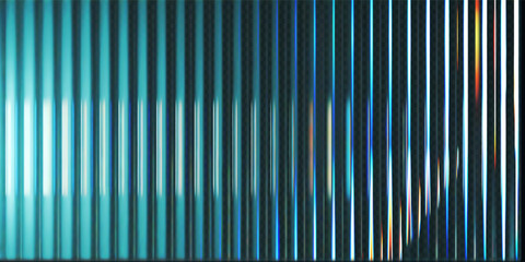 3d transparent ribbed glass background with refraction and holographic effect. Reeded glass with rainbow gradient. Render of corrugated wall with overlay reflection light on dark. 3d vector background