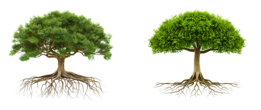 3D trees with roots isolated on transparent or white background