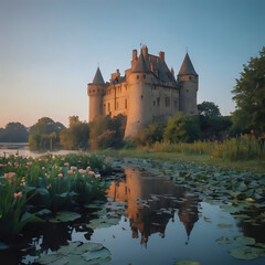 Naklejka premium a castle with a moat and a pond in front of it