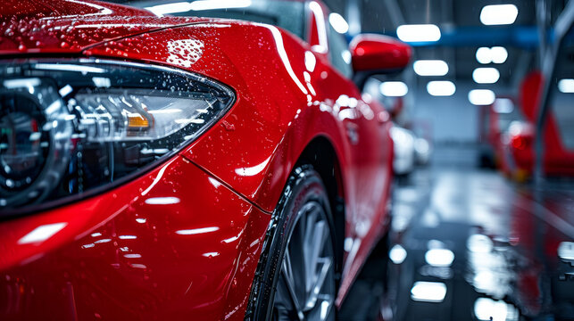 A red car received a protective ceramic coating applied during a car wash or detailing session.