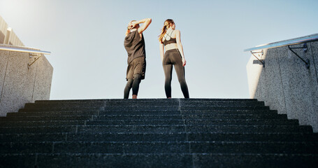 City, steps and fitness couple outdoor for training, health or wellness with morning, cardio or...