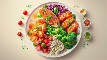 A balanced plate of food with lean proteins, whole grains, colorful vegetables, and healthy fats. AI generated realistic