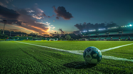 A soccer ball rests on a green field in a stadium under the night sky. The photo captures the...