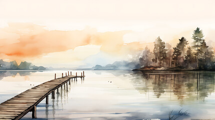 Fototapeta premium Illustrate a watercolor background of an old wooden pier extending into a calm lake