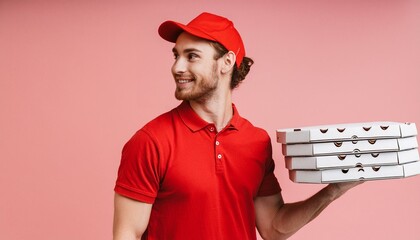 Happy smiling man wearing red uniform and cap holdin pizza boxes side shot