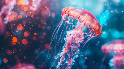 Jellyfish marine animal. Underwater wallpaper with cinematographic light effect. Ocean nature bottom