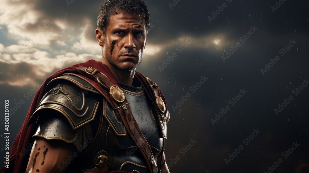 Canvas Prints Roman Legionnaire in full armor raising a standard against a stormy sky