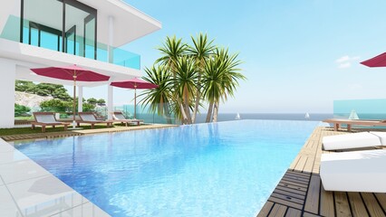 Luxury beach house with sea view swimming pool and terrace in modern design. Lounge chairs on...