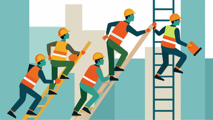 Workers can be seen climbing up and down the scaffolding a blur of hard hats and reflective vests as they go about their tasks.. Vector illustration