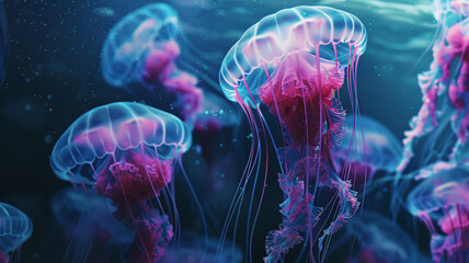 Jellyfish marine animal. Underwater wallpaper with cinematographic light effect. Ocean nature bottom
