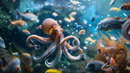 Octopus marine animal underwater. Giant squid on ocean bottom. Photo of intelligent kraken creature