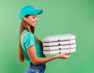 Happy smiling woman wearing cyan hat and tshirt delivering pizza boxes side shot