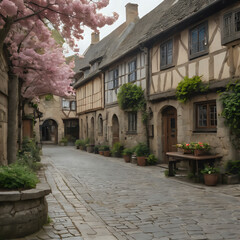 Fototapeta premium a cobblestone street with a bench and flowering trees