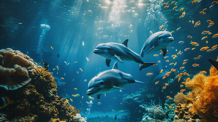 Naklejka na ściany i meble Dolphin intelligent sea marine animal. Photo of fauna on ocean bottom. Coral deep wild landscape