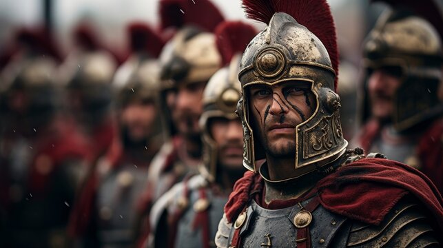 Roman Legionnaires in full armor in a military drill