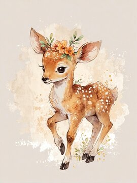 Charming Baby Fawn with Floral Crown in Watercolor Style