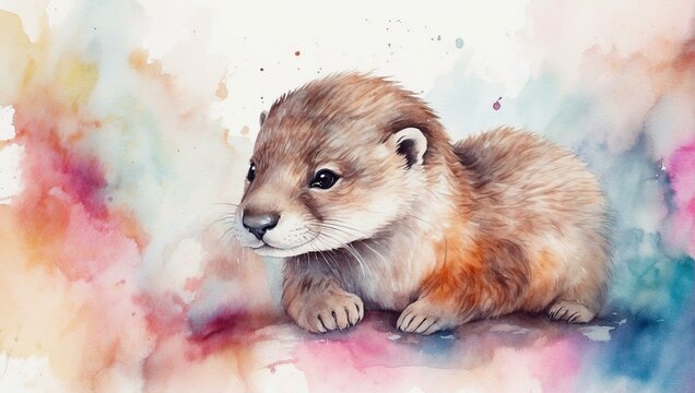 Watercolor baby otter amidst vibrant, colorful splashes