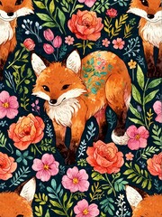 Fototapeta premium Whimsical boho fox surrounded by vibrant floral patterns