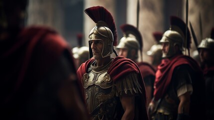 Roman Legionnaires salute fallen in amphitheater - obrazy, fototapety, plakaty