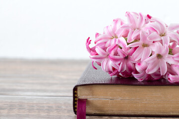 Closed holy bible book with pink spring flower on wooden table with white background. Close-up....
