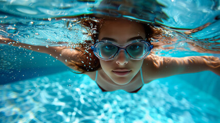 Naklejka premium A woman is swimming underwater in a pool.