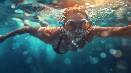 Naklejka premium A woman swims underwater, wearing a cap and goggles. She moves powerfully and gracefully, showcasing her athleticism and fitness.