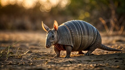 A small armadillo walking on a dusty ground