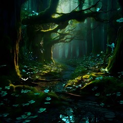 Panorama of a fairy forest. Fairytale forest sunny day. Warm morning in a fairy forest.