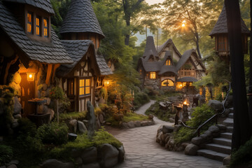 Fototapeta premium Enchanted village nestled among rolling hills and whispering forests
