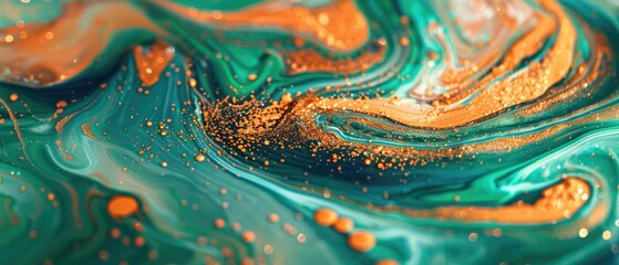 beautiful orange green cyan pastel liquid swirls with gold glitter luxurious acrylic pour background