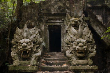 Fototapeta na wymiar Mythical creatures guarding the entrance to a hidden kingdom