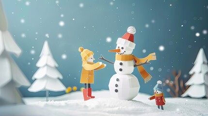 Fototapeta premium Joyful family on a snowy day making a snowman, crafted entirely from white and colored paper in papercut style.