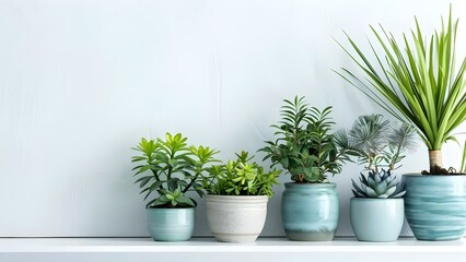 Exotic Houseplants in Ceramic Pots Displayed on White Shelf Against White Wall. Concept Indoor Plants, Home Decor, Ceramic Pots, Shelf Display, White Wall