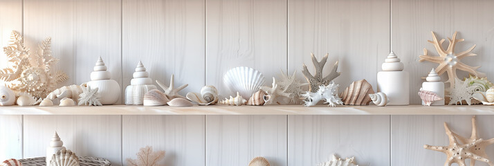 Interior shelf decorated in coastal style with ceramic vases, dried plants, and collection of seashells banner. Panoramic web header. Wide screen wallpaper
