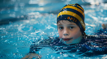 A young swimmer, about six years old, dons a dark blue suit and a yellow striped black cap. He warms up with a kickboard before practicing his swimming strokes in the blue pool.