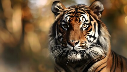 Fototapeta premium Majestic Sumatran Tiger in Closeup Portrait in the Jungle. Concept Wildlife Photography, Endangered Species, Capturing Natural Beauty