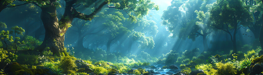 The image is a digital painting of a lush forest