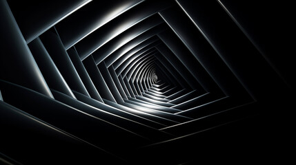 Abstract vector triangle spiral on dark background, black and gray white lines, isometric perspective