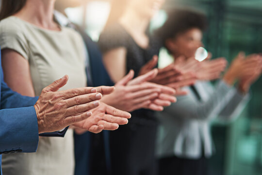 Teamwork, applause and hands of business people in office for good news, success and achievement. Corporate, audience and men and women clapping for celebration, winning and collaboration in meeting