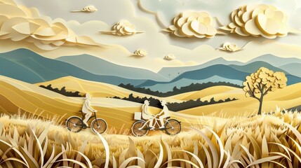 Papercut art depicting a family enjoying a bicycle ride together in a paper crafted countryside.
