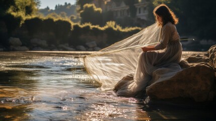 Roman fisherwoman in tunic casting net into clear river under bright sun - obrazy, fototapety, plakaty