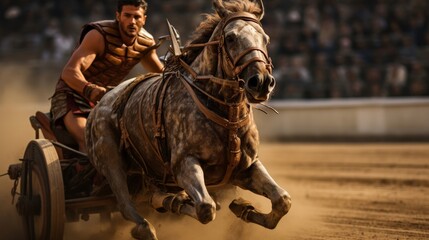 Roman chariot racer in racing tunic maneuvering quadriga on track - obrazy, fototapety, plakaty